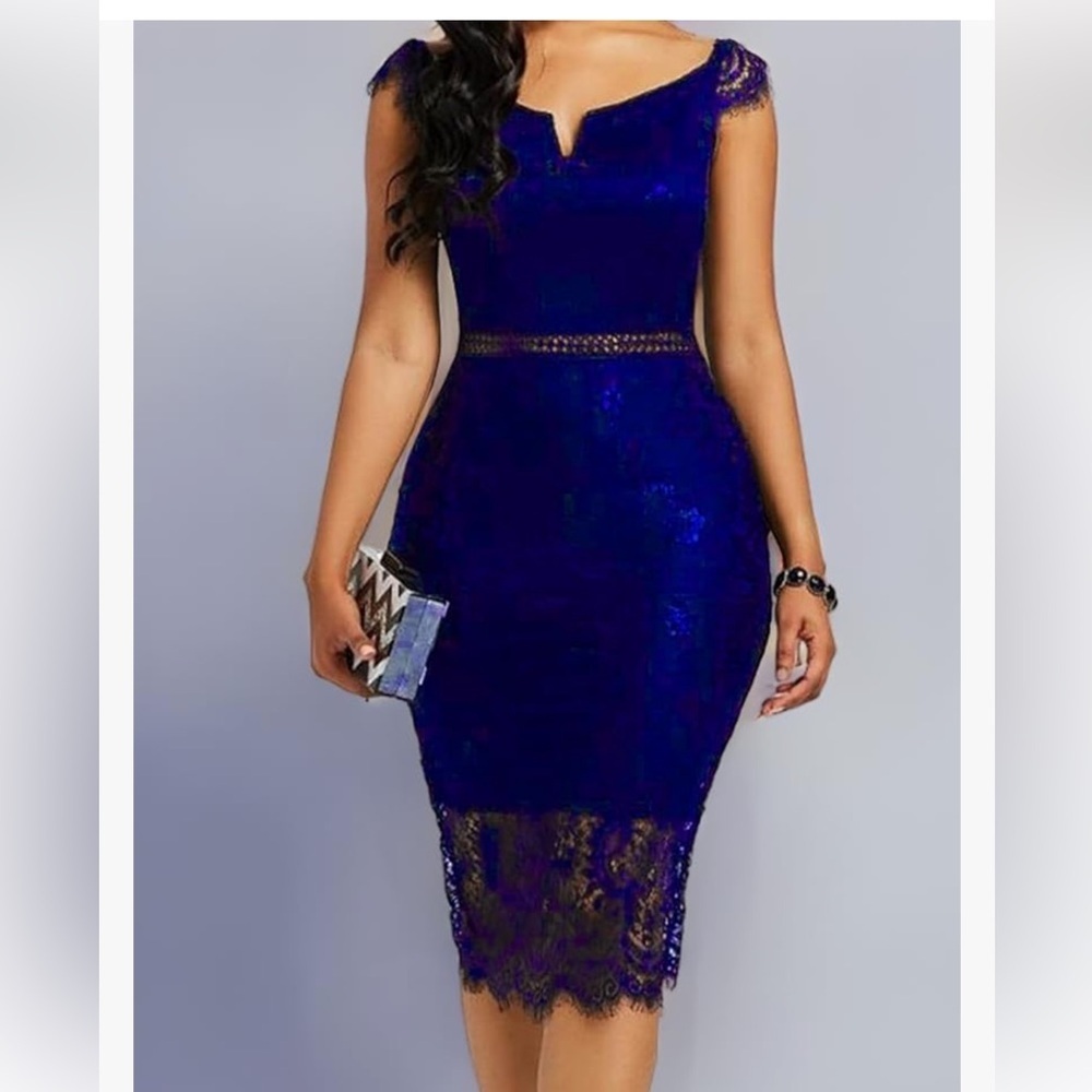 ALLANDWELL Women's Elegant Short Sleeve Floral Lace
Cocktail Dress RoyalBlue new
